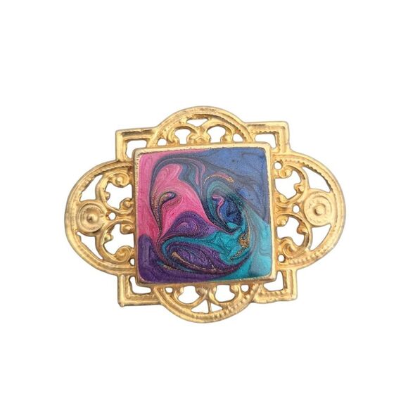 Gold Brooch with Multicolor Swirl Design - Picture 1 of 2
